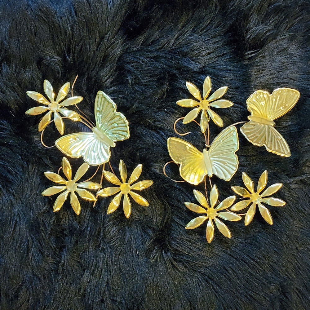 Set of 2 Vintage Brass Colored Metal Butterfly and Flower Wall Decor